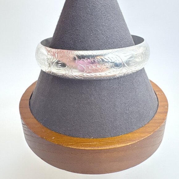 VTG Sterling Silver 925 Etched Wheat Design Hinged Bangle Bracelet 7.5' Fit - Picture 3 of 10